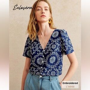 French Embroidered V-Neck Navy Blue Floral Top